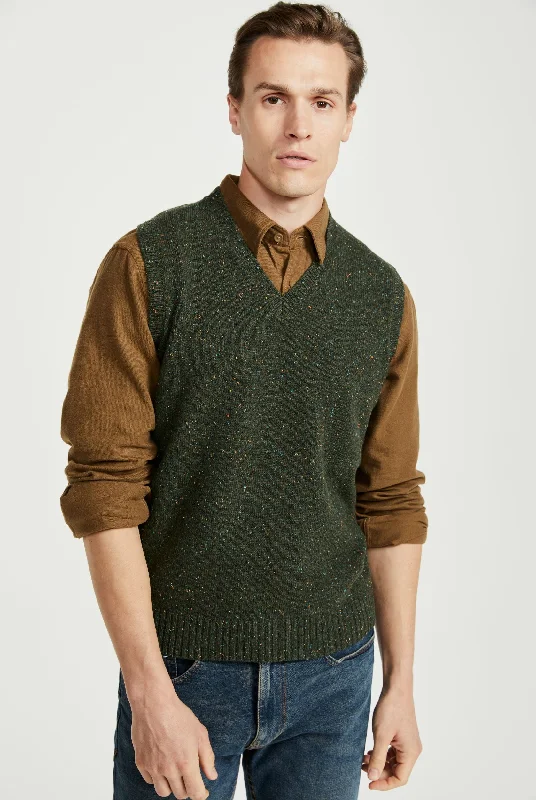 Roonagh Men's Aran Nepped V-Neck Vest - Green