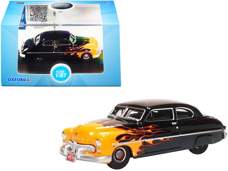 Hospital model toys for medical - role - playing​ 1949 Mercury Coupe "Hot Rod" Black and Yellow with Flames 1/87 (HO) Scale Diecast Model Car by Oxford Diecast