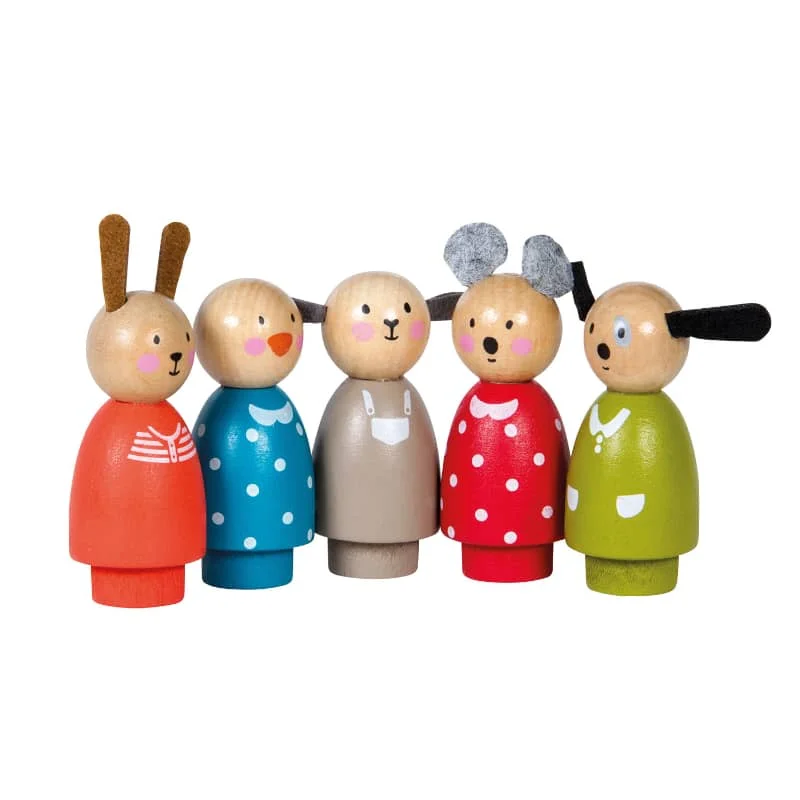 Wooden tambourines for musical accompaniment​ Assorted Wooden Characters - Playhouse The Big Family - Moulin Roty